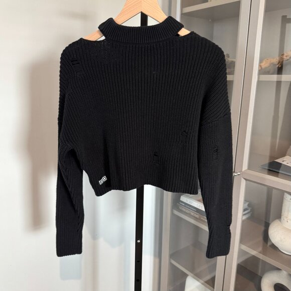Ksubi Black Destroy Crop Sweater Rib-Knit Cutout Crewneck Distressed Size XS - Picture 2 of 8